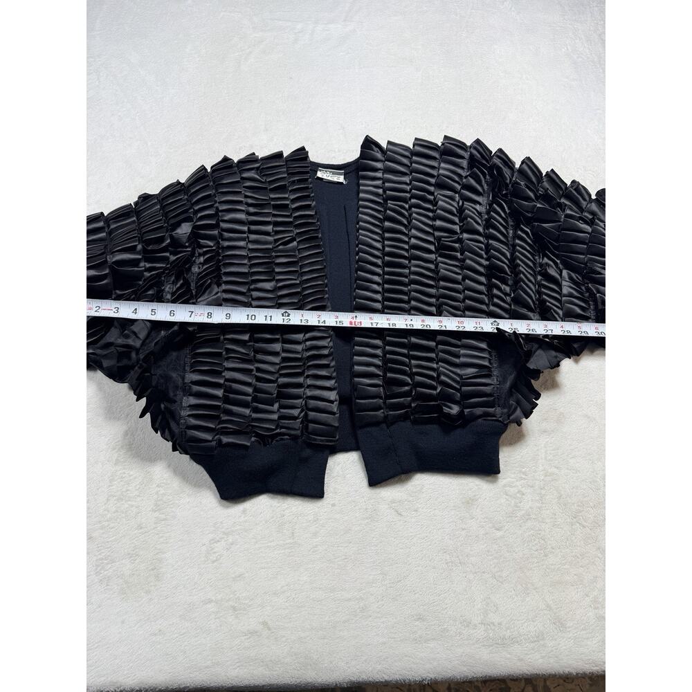 VTG Phyllis Sues Black Knit Cardigan Ruffle Satin Bolero Jacket Sz Sm Tango - Picture 4 of 13